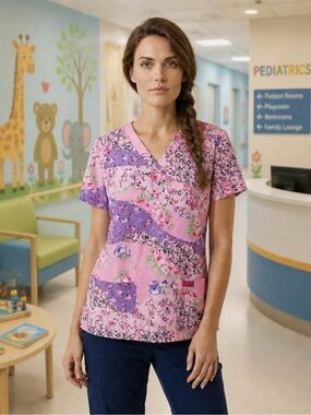 Betsey Johnson Floral Patchwork V-Neck Scrub Top Pink Purple Large Stretch